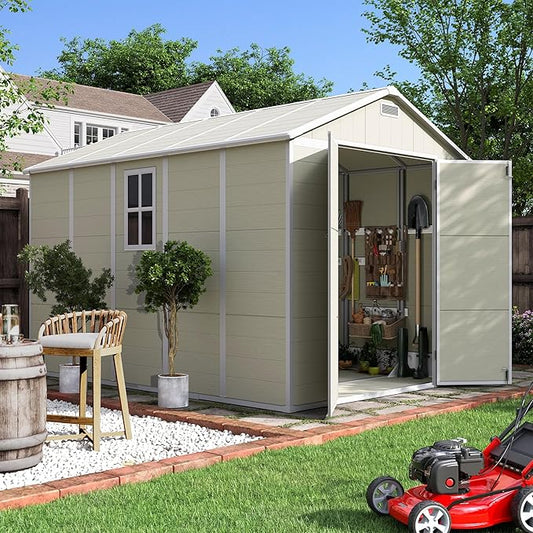 UDPATIO Outdoor Shed 7.5x10.7 FT, Plastic Storage Shed for Bike, Garbage Can, Tool, Outside Sheds & Resin Shed with Lockable Door for Backyard, Patio, Lawn, Standstone