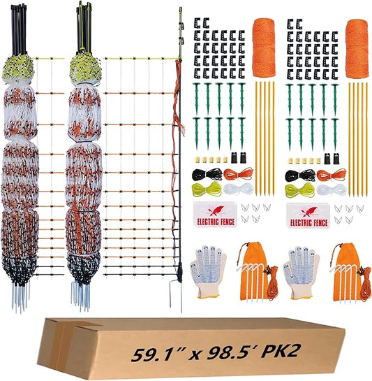 Poultry Electric Netting Fence - 47.3''H (can be Manually Raised to 59.1''H) x 98.5'L for Flying Chicken, Sheep, Goats in Farms, Ranches and Gardens, PK2