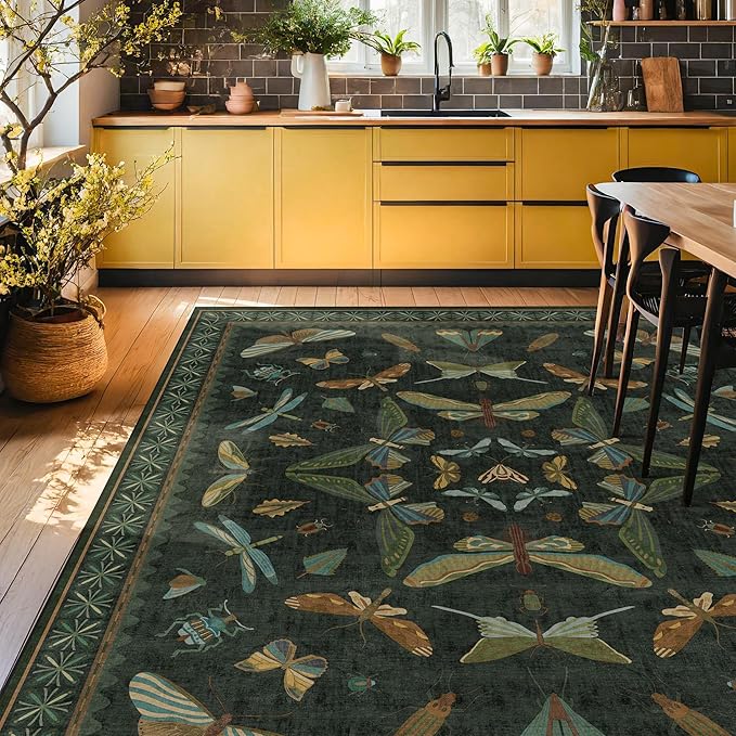 Green Living Room Rug - Vintage Washable Dark Green 10x14 Rug for Dining Room Under Table, Bedroom, Insect Moth Floral Design, Non-Slip Soft Low Pile