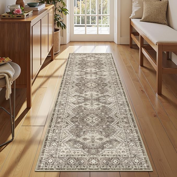 Rugland 2'6x8' Runner - Stain Resistant Entryway Rug, Anti Slip Backing Hallway Runner Rug, Vintage Tribal Area Rugs (TPR07-Ivory, 2'6x8')
