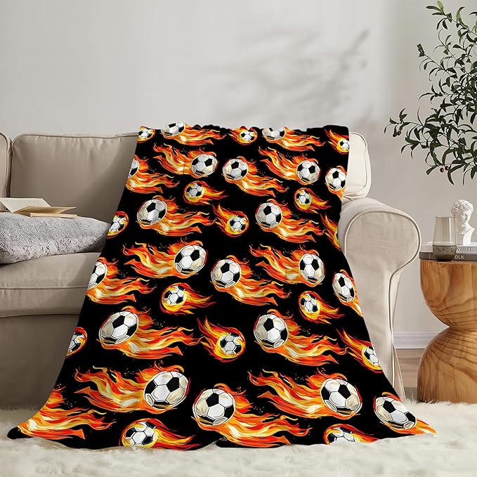 Soccer Blanket Gifts for Boys Girls Soft Warm Plush Soccer Fire Throw Blanket Flannel Fleece Fuzzy Sports Blanket for Kids Lovers Bed Couch Living Room Decor 50"X40"