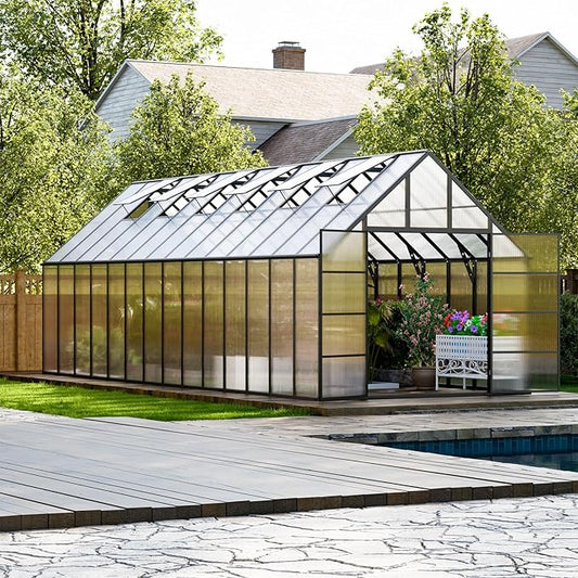 28x10x10 FT Outdoor Greenhouse, Easy Assembly Large Thicker Aluminum Polycarbonate Kit, 6 Vent Windows, Walk-in, for Outside, Sunroom, Patio, Backyard