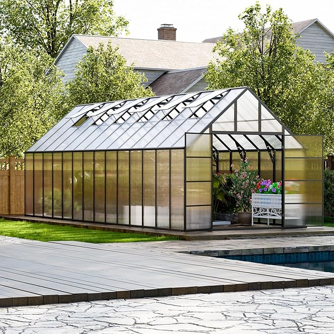 10'x10'x28' Snap-Together Greenhouse - Easy 3-Way Connectors, Heavy-Duty Aluminum Frame, Wind/Snow Resistant for Gardening/Urban Farming, Includes Sliding Door & Ventilation Windows