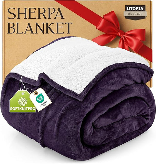 Utopia Bedding Sherpa Blanket California King Size (Plum, 102x96 Inches) - Soft Plush Fleece Reversible Blanket for Bed, Sofa, Couch, Camping and Travel