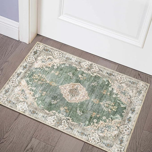 MUJOO Green Area Rug Small Rugs Boho Machine Washable Rugs Non Slip for Entryway Kitchen Bathroom Bedroom Vintage Soft Low-Pile 2'x3' Flowers