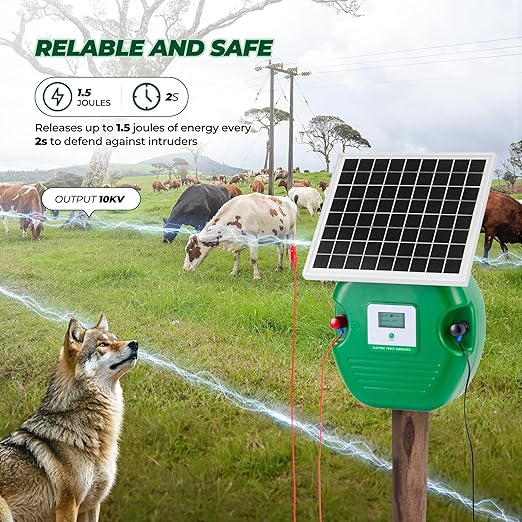CURECURE Solar Electric Fence Charger with 8100mAh Lithium Battery, 10W Solar Panel, Easy Installation, 6 Miles Range, 1.5 Joules, LED Display, Use for Livestock, Pet, Farm, Garden