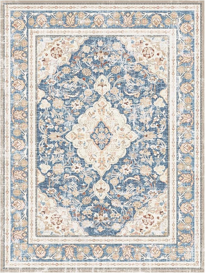 Vhong Boho Area Rugs Washable Vintage Modern Neutral Large Carpet Blue 5×7 High Traffic Rugs for Dinning Room Living Room Bedroom Farmhouse Non Slip