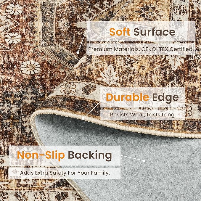 Rugland 2'6x8' Runner Rug, TPR07-Rust, Vintage Tribal, Stain Resistant, Anti-Slip Backing, Machine Washable, Low Pile, Indoor, Rug