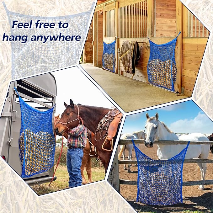 Fabbay 2 Pcs Slow Feed Hay Net Hay Feeder Bags for Horses Goat Stall Trailer Horse Feeding Supplies(35 x 31 Inch,Blue)