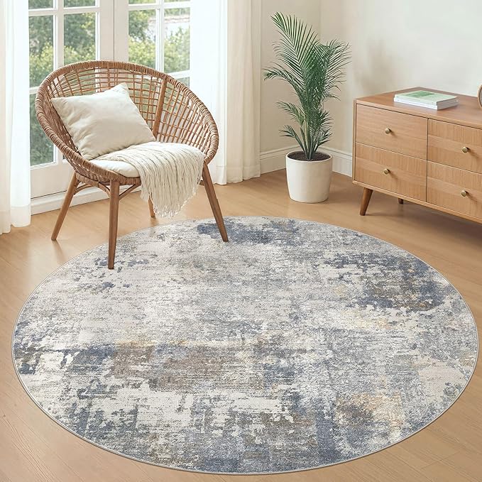 5ft Round Area Rug Living Room Rugs - 5x5 Washable Neutral Modern Abstract Soft Thin Rug Indoor Floor No Slip Rug Carpet for Bedroom Under Dining Table Home Office Decor - Blue Grey