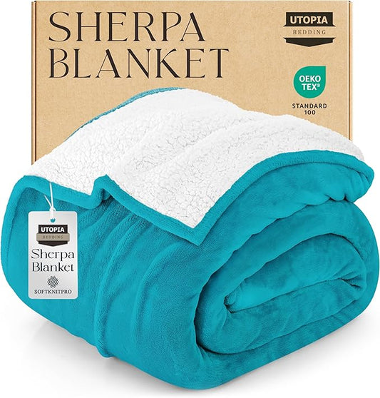 Utopia Bedding Sherpa Blanket King Size (Turquoise, 90x102 Inches) - Soft Lightweight Plush Fleece Reversible Blanket for Bed, Sofa, Couch, Camping and Travel