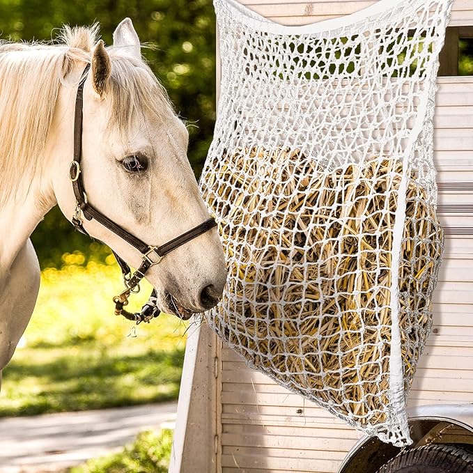 Fabbay 2 Pcs Slow Feed Hay Net Hay Feeder Bags for Horses Goat Stall Trailer Horse Feeding Supplies(35 x 31 Inch,White)