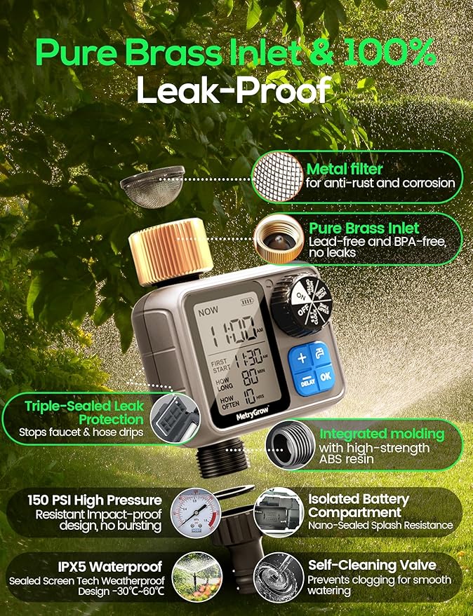 Sprinkler Irrigation Timer with Brass Inlet, Programmable Water Timer for Garden Hose, Automatic Watering System for Yard Lawn, Rain Delay