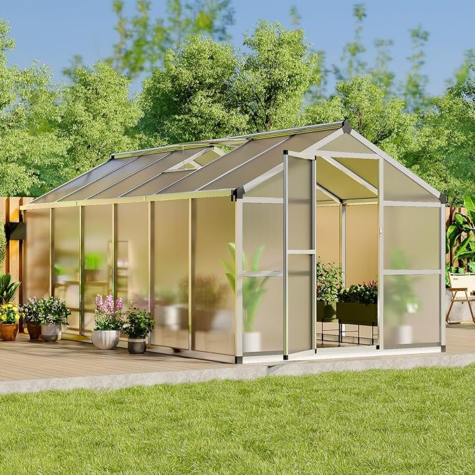 8x12 FT Greenhouse, Easy Assembly Aluminum Polycarbonate Greenhouses for Outdoors with Roof Vent, Large Aluminum Walk-in Greenhouse for Sunroom Patio, Backyard, Garden, Sliding Lockable Door, Silver