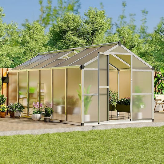 8x12 FT Greenhouse, Easy Assembly Aluminum Polycarbonate Greenhouses for Outdoors with Roof Vent, Large Aluminum Walk-in Greenhouse for Sunroom Patio, Backyard, Garden, Sliding Lockable Door, Silver