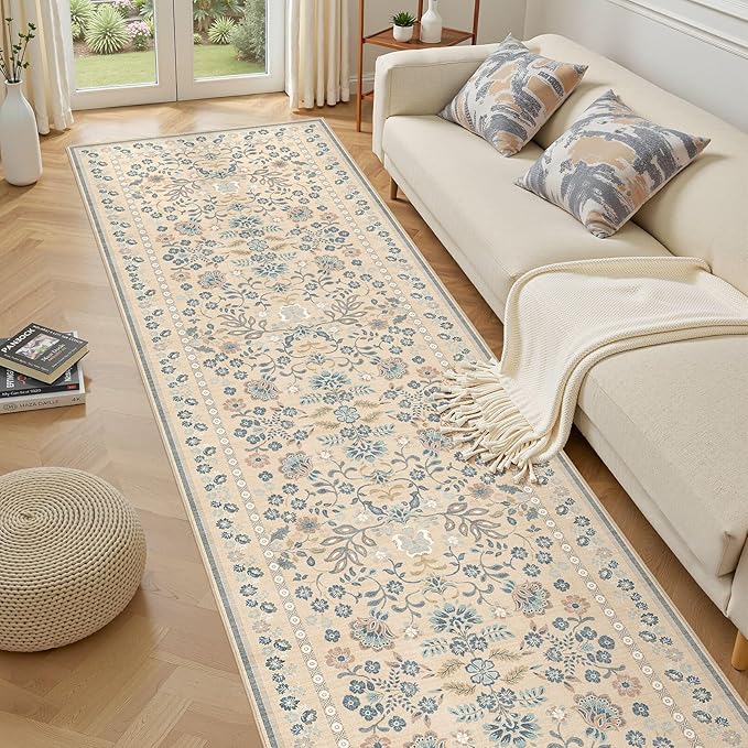 3x8 Runner Rug for Hallways Kitchen: 3x8 Washable Area Rug Boho Floral Soft Long Rug - Non-Slip Low Pile Throw Indoor Carpet for Entryway Kitchen Bedroom Laundry Bathroom- Multi Color