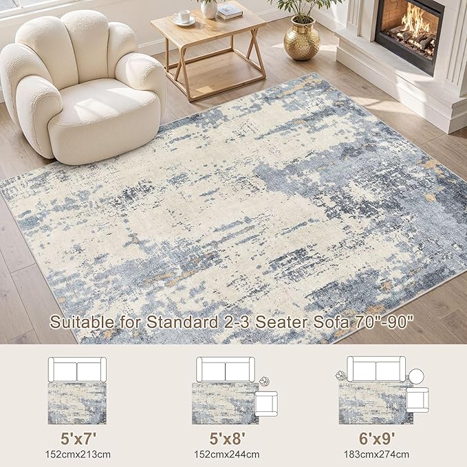 6x9 Area Rug Living Room Rugs - Washable Neutral Modern Abstract Soft Thin Rug Indoor Floor No Slip Rug Carpet for Bedroom Under Dining Table Home Office Decor - Blue/Light Brown