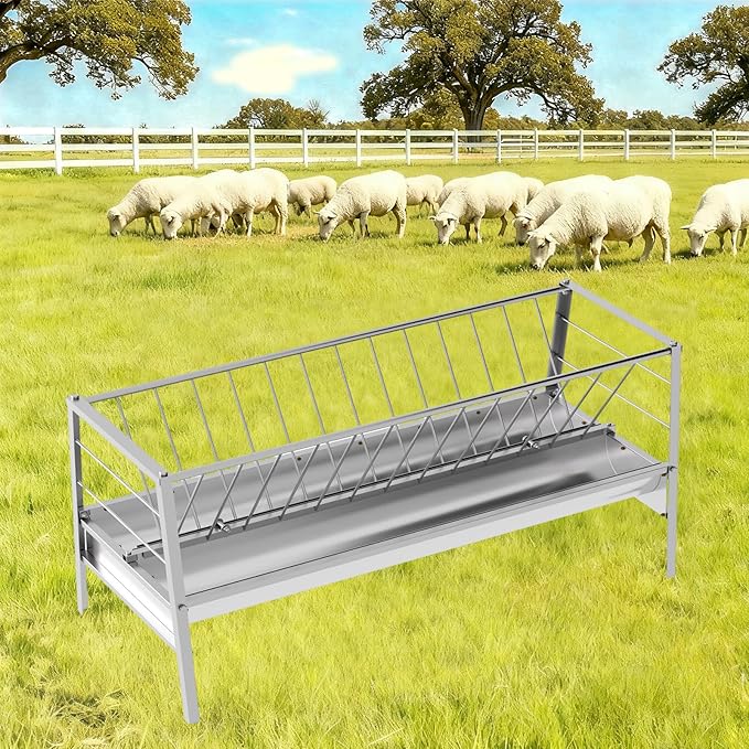 2-in-1 Goat Hay Feeder, Galvanized Steel Livestock Hay Feeder with 30 Gallon Feeding Pan, Detachabe Hay Rack for Sheep, Cow & Horse, Easy to Assemble, Silver