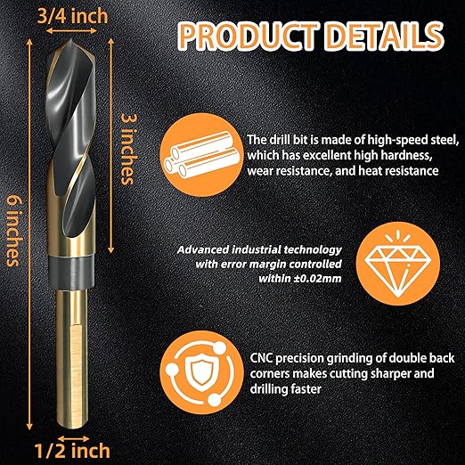 3/4 Inch Drill Bit,Reduced Shank Drill Bits for Metal Wood and Plastic,High Speed Steel Black & Gold Drill Bit with 1/2 Inch Shank