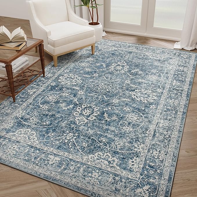 Madane 5x7 Area Rugs for Living Room, Washable Vintage Rug with Non-Slip Backing, Soft Floral Print Throw Rugs Floor Low Pile Carpet for Bedroom Dining Room Farmhouse (5 x 7, Cadet Blue)