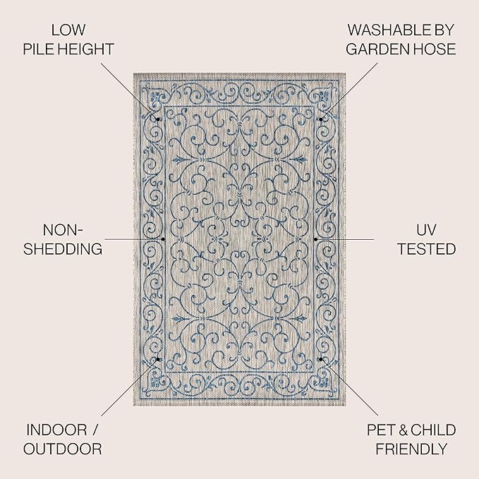 JONATHAN Y Vintage Filigree Indoor Outdoor Round Area Rug 8 Ft Gray/Navy, Charleston Textured Weave for Backyard, Patio, Porch, Easy-Cleaning, High Traffic, Pet-Friendly, Non-Shedding (SMB106C-8R)