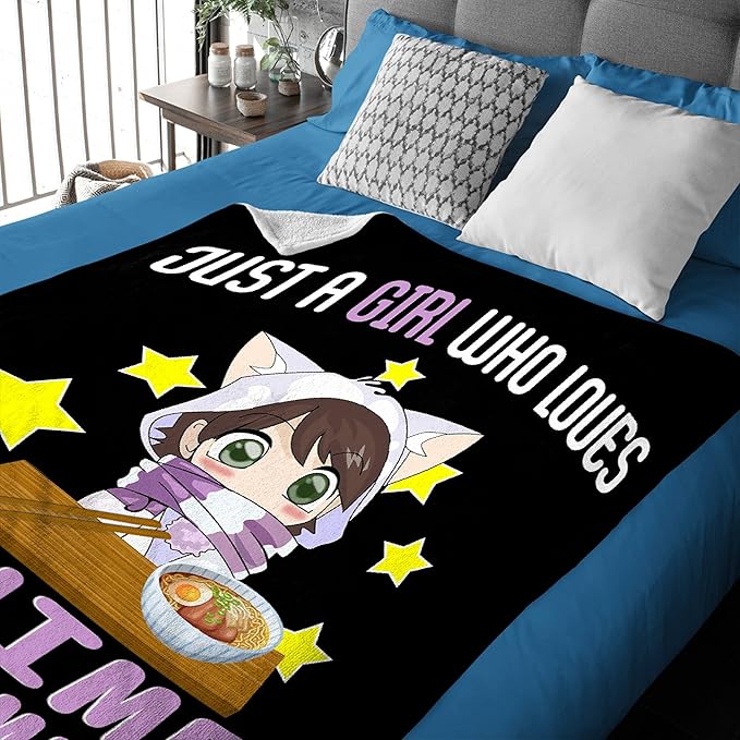 Microfiber Flannel Throw Blanket Just A Girl Who Loves Anime and Ramen Super Soft Cozy Lightweight Summer Quilt Perfect for Bed Sofa-60"x50" Medium for Teen