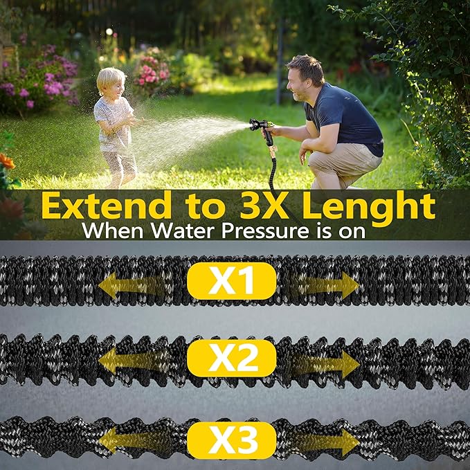 100 ft Expandable Garden Hose - Expanding Water Hose with 10 Spray Nozzles&3/4" Solid Brass Fittings - Retractable,Flexible，Lightweight No-Kink Free&Tangle Car Washing Pipe for Yard,Outdoor