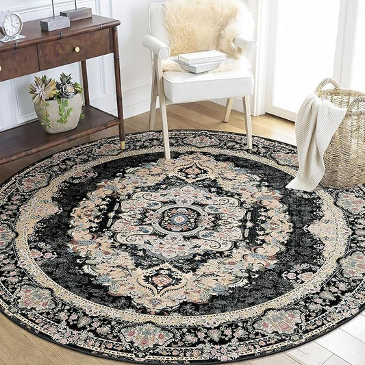 Black Round Rug 5ft, Circle Boho Area Rugs for Bedroom Living Room,Washable Vintage Bohemian Distressed Oriental Carpet Non Slip,Floral