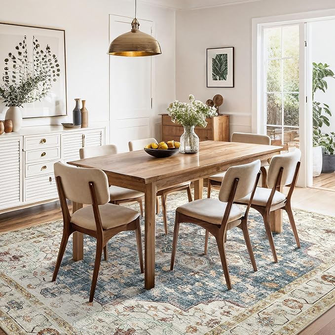 Area Rug for Living Room - 8x10 Soft Washable Oriental Vintage Floral Distressed Large Carpet - Fade Stain Resistant Non Slip Rugs for Bedroom Dining Room Nursery Dorm Office Home Decor - Blue Golden