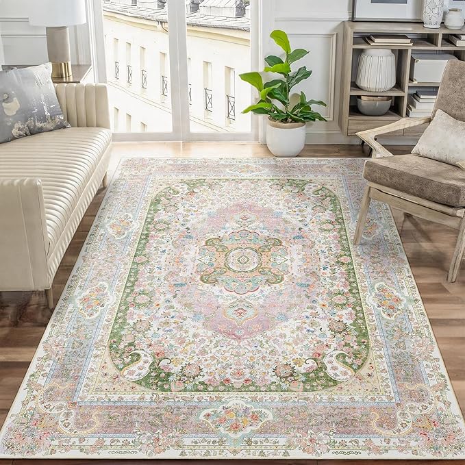 5x7 Area Rugs Washable,Pink Rug for Living Room Bedroom Kitchen,Large Boho Vintage Bohemian Distressed Carpet Non Slip,Blush Green
