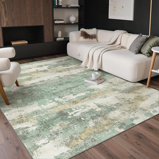 GENIMO 8x10 Area Rugs for Living Room, Modern Abstract Low Pile Rug with Non-Slip Pad, Crease-Resistant Soft Floor Carpet, Single-Piece Rugs for Bedroom, Dining Room, Office, Green Gray