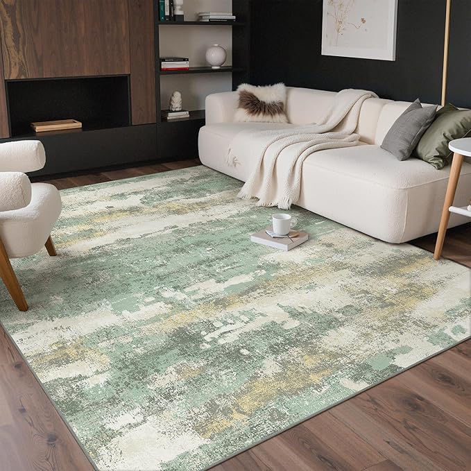 GENIMO 9x12 Area Rugs for Living Room, Modern Abstract Low Pile Rug with Non-Slip Pad, Crease-Resistant Soft Floor Carpet, Single-Piece Rugs for Bedroom, Dining Room, Office, Green Gray