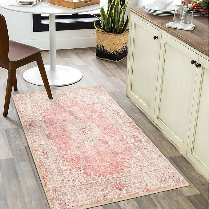 Small Rugs 2x3,Pink Rug for Entryway Bathroom Bedroom Kitchen Entrance Doormat,Boho Vintage Bohemian Distressed Washable Accent Floor Throw Carpet Non Slip,Blush