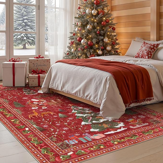 Christmas Area Rug Living Room Rugs: 5x7 Neutral Modern Washable Festive Soft Thin Non-Slip Indoor Carpet for Bedroom Dining Table and Home Office Holiday Decor - Red