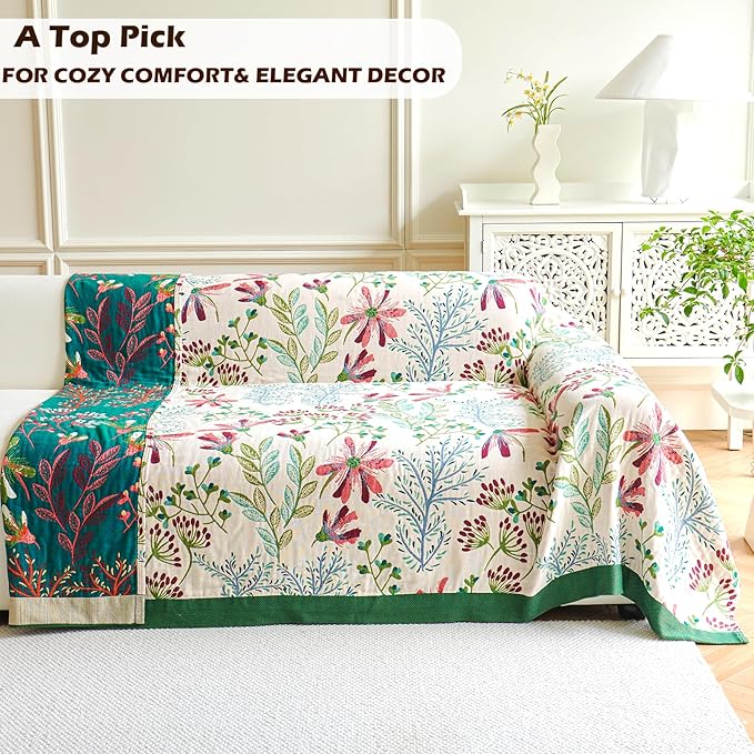 Boho Throw Blanket, 100% Organic Cotton Breathable Ultra Soft 60" x 80" Bed Quilt Throw - All Season Floral Rustic Farmhouse Decor Luxury Reversible Blanket for Sofa Couch Chair and Gift