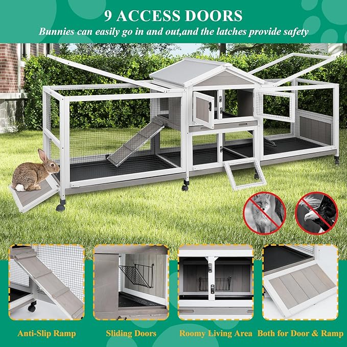 93" Rabbit Hutch Outdoor Indoor with Run Wooden Weatherproof Bunny Cage with 8 Wheels,4 Leak-Proof Trays,Dual Metal Run & Ramp,Small Animal Outdoor Pens & Hutches for 1-3 Rabbits,Guinea Pigs