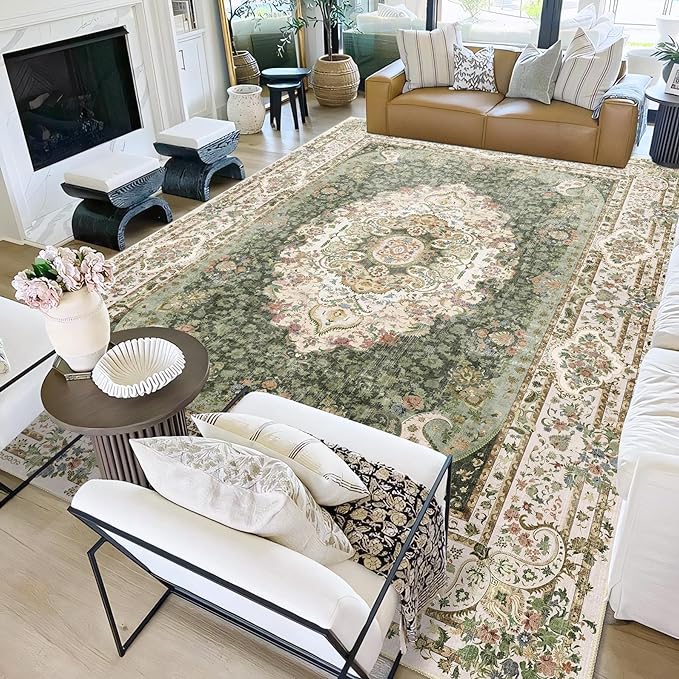 9x12 Area Rugs Washable,Green Rug for Living Room Bedroom Dining Room,Large Boho Vintage Bohemian Distressed Carpet Non Slip,Floral