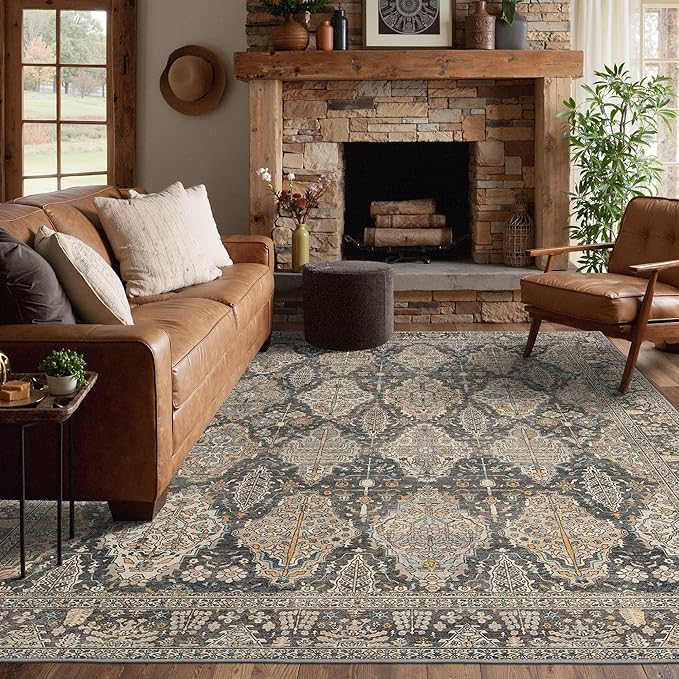 GENIMO 8x10 Area Rugs for Living Room, Machine Washable Non Slip Vintage Rugs, Low Pile Lightweight Chenille Print Rug for Bedroom, Dining Room, Home Office, Charcoal Tan