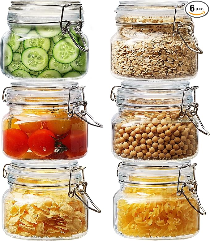 17oz - 6 Pack Square Glass Jars with Airtight Lid, Wide Mouth Mason Jars with Clamp Lids, Air Tight Glass Canisters, Best Food Storage Containers for Cereal, Pasta, Rice, Sugar, Coffee, Spice