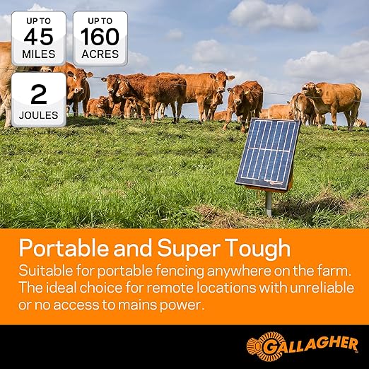 Gallagher S200 Solar Electric Fence Charger | 2.0 Joule Solar Powered Fence Energizer | Two Power Modes for Wildlife Deterrence and Livestock Containment | Solar Batteries and Leadsets Included