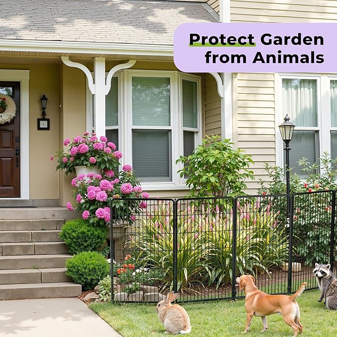 Doorless Garden Fence 50 in(H) x 10.2 ft(L) 4 Panels, Heavy Duty Metal Animal Barrier Fence, No Dig Fence for Dogs, Rabbit Fence for Garden, Black