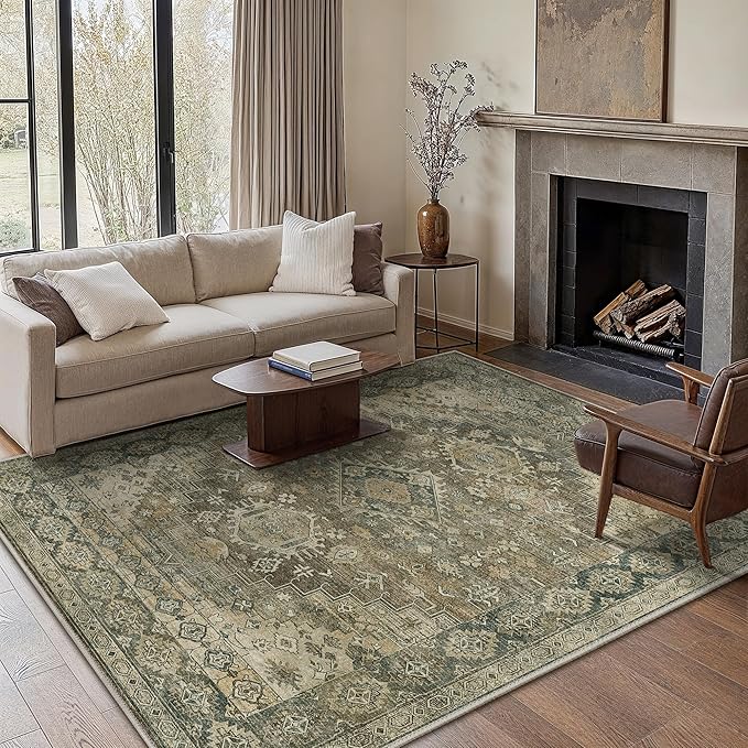 GENIMO Machine Washable 8x10 Area Rugs for Living Room, Non Slip Vintage Rugs, Low Pile Lightweight Chenille Print Rug for Bedroom, Dining Room, Home Office,Green Khaki