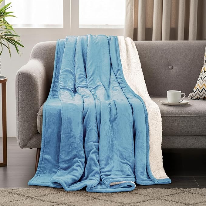 Utopia Bedding Sherpa Blanket King Size (Washed Blue, 90x102 Inches) - Soft Lightweight Plush Fleece Reversible Blanket for Bed, Sofa, Couch, Camping and Travel
