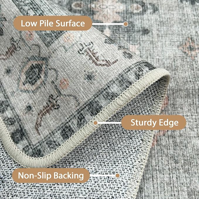 GENIMO 2x5 Runner Rugs for Hallway, Machine Washable Non Slip Vintage Retro Rugs, Low Pile Lightweight Chenille Print Rug for enrtyway, Corridor, Home Office, Bluish Gray