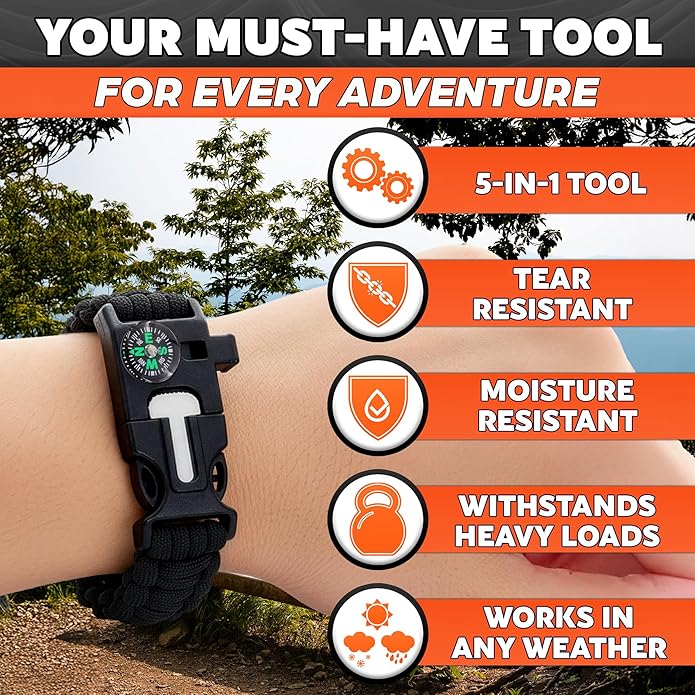 2Pack Survival Paracord Bracelet – 5-in-1 Adjustable Tactical Bracelet for Men with 10 ft Paracord, Flint Fire Starter, Compass, Whistle & Scraper – Survival Gear for Camping, Hiking, Fishing & Travel