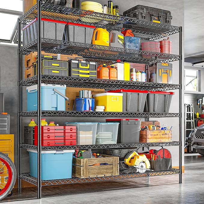 REIBII 83"H Storage Shelves 3840LBS Metal Shelving Unit Garage Shelving Heavy Duty 6 Tier Commercial Adjustable Wire Shelving for Storage Rack for Pantry, Garage, Kitchen, 83"H x 55.5"W x 18"D, 2PCS