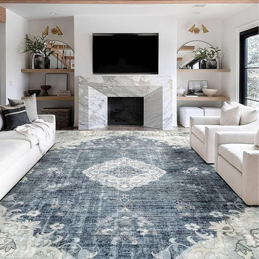 MUJOO Blue Grey Rug 9'x12' Area Rugs for Living Room Dining Room Washable Rugs Large Rug Boho Rug for Bedroom Non Slip Abstract Soft Low-Pile Floral Flowers