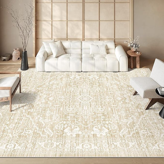 Rugland 8x10 Area Rugs - Stain Resistant Washable Rug, Anti Slip Rugs for Living Room, Vintage Tribal Area Rugs(Medallion 01-Beige, 8'x10')