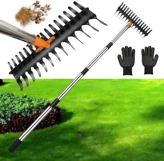 15" Heavy Duty Thatch Rake - Metal Dethatcher with Strong Handle for Lawn Yard Leaf Weed & Soil Loosening (Yellow-tine29)