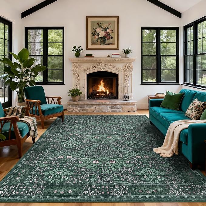 Boho 8x10 Area Rug for Living Room，Floral Washable Rug for Dining Room Entryway Farmhouse Nursery Home Office，Low Pile Stain & Slip Resistant Vintage Large Carpet for Bedroom-Dark Green ﻿